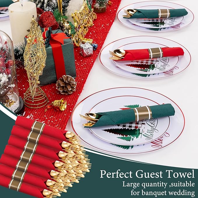 Supernal 240pcs Christmas Rolled Plastic Silverware,Gold Disposable Silverware,Wrapped Plastic Cutlery Set with Napkin,Pre Rolled Silverware Set Disposable,Christmas Cutlery Served for 60 Guests