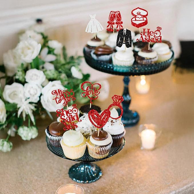 Gyufise 30Pcs She Said Yes Cupcake Toppers Glitter Diamond Ring I Do Love Cupcake Picks Miss to Mrs He Asked Bridal Shower Wedding Engagement Bachelorette Cake Decoration Red