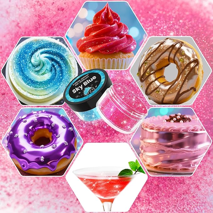 Edible Glitter Powder for Drinks and Cakes, 20 Colors, 2g Bottles