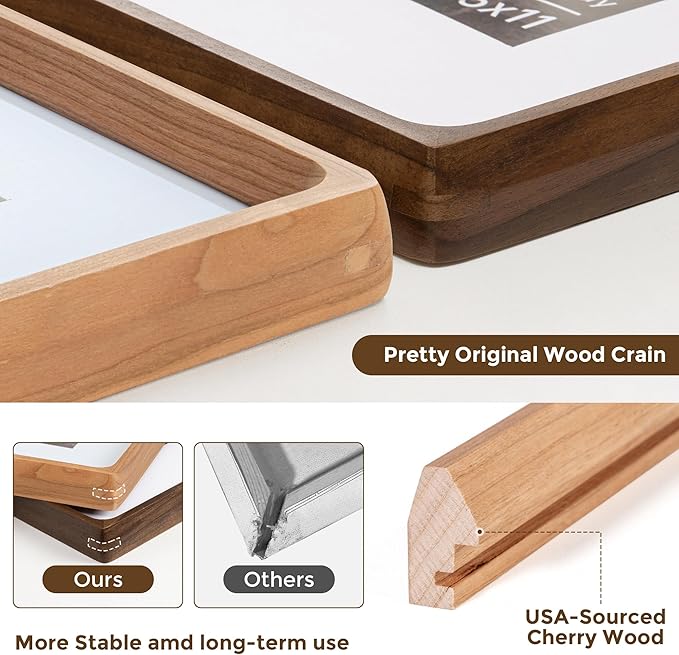 8.5x11 Picture Frame USA-Sourced Natural Cherry Wood Solid Original Wood Photo Frame Rounded Corner with Mat to 6x8 Picture Display with Real Glass Family Picture, Wedding Picture, Photo, Certificate
