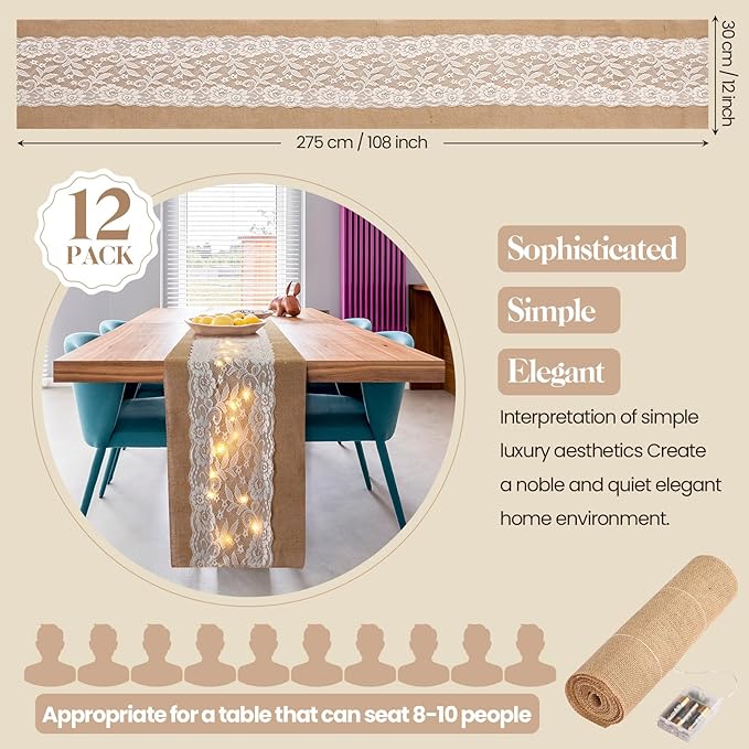 Tudomro 12 Pcs Burlap Table Runner with LED String Lights 12 x 108 Inches Rustic Jute Lace Table Runners Farmhouse Jute Linen Decoration Wedding Decor for Holiday Party Wedding Decorations