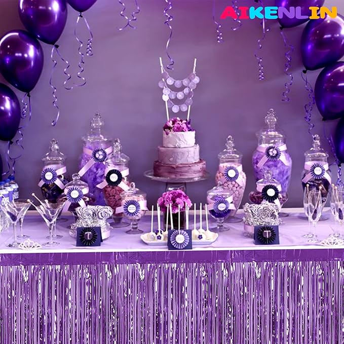 6 Pack 29x108 Inch Metallic Foil Fringe Tinsel Table Skirts Banner for Rectangle Tables Streamer Garland Backdrop for Wedding, Birthday, Parade Floats, Christmas Party Decoration(Light Purple)