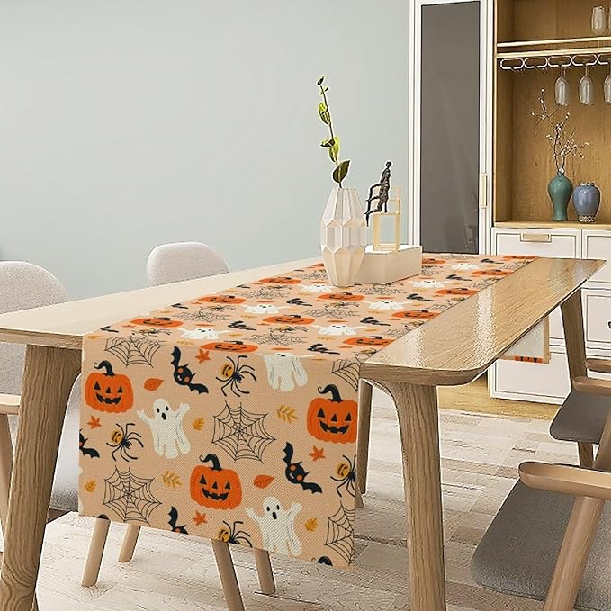 Halloween Table Runner,Cute Ghost Pumpkin Leaves Table Runner for Kitchen Dining Table Decoration Home Party Decor 13x108 Inch