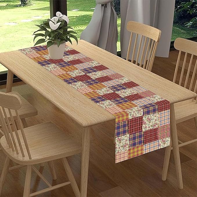 Patchwork Table Runner, Boho Vintage Floral Checkered Plaid Bohemian Paisley Flower Farmhouse Table Center Decor for Home Kitchen Dining Patio Holiday Party Indoor Table Decorations, 13"x36" Inch