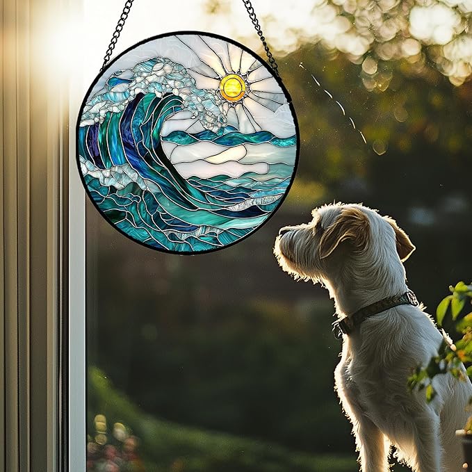 Stained Glass Window Hanging - Blue Green Waves Suncatcher for Door Terrace Garden Home Decor Sunrise Over The Sea Sun Catcher Birthday Gifts for Lovers Women Men Dad Mom Nana7.8 in