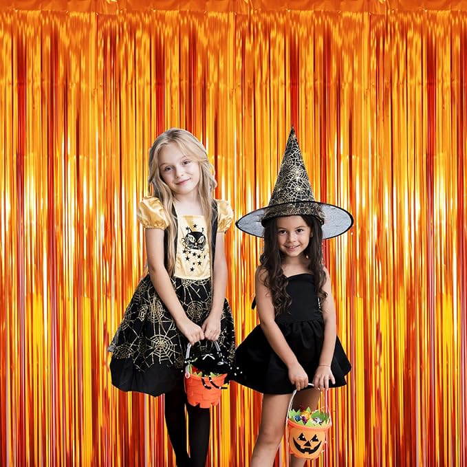 GOER 3.2 ft x 8.2 ft Metallic Tinsel Foil Fringe Curtains Party Photo Backdrop Party Streamers for Birthday,Graduation,New Year Eve Decorations Wedding Decor (4 Packs,Orange)