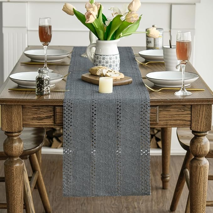 Artoid Mode Dark Grey Farmhouse Woven Rustic Hollow Table Runner, Seasonal Holiday Hollow Kitchen Dining Table Decoration for Home Party Decor 12x90 Inch