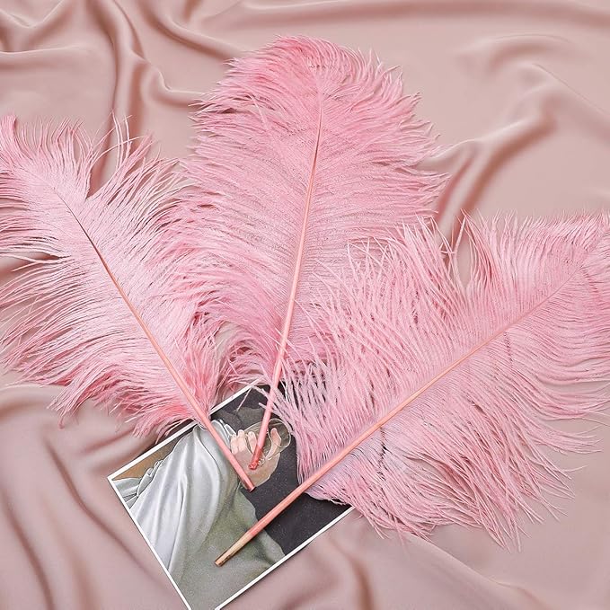 12pcs Natural Lotus Pink Ostrich Feathers 12-14inch (30-35cm) for Wedding Party Centerpieces，Flower Arrangement and Home Decoration.
