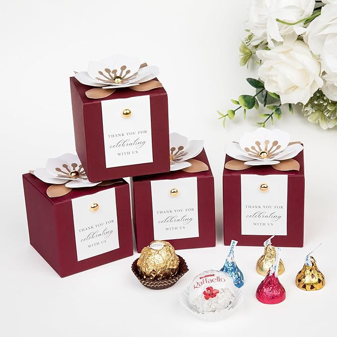 Gift Boxes, 20 Burgundy Favor Boxes with White Floral Decor and Tags