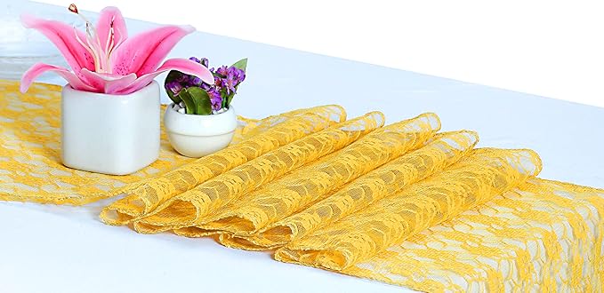 MDS Pack of 25 Wedding 12 x 108 inches Lace Table Runner for Wedding, Decorations for Birthday Parties, Banquets, Graduations, Engagements, and Runners fit Rectangle, Round Table- Yellow Gold