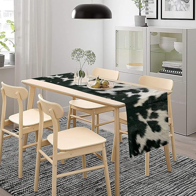 Cow Skin Print Table Runner, Rustic Country Farm Fur Skin Cowhide Pattern Western Style Black White Print Table Runner for Home Kitchen Dinning, 13x60 Inch