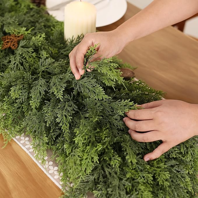 6FT Real Touch Cedar Garland - Artificial Christmas Garland Fake Green Faux Thick and Lush Pine Needles Garlands for Table Fireplace Mantle Holiday Home Indoor Outdoor Decor (2PCS)