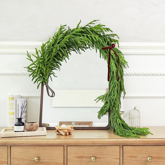 Garland with Dark Green Norfolk Pine Needles, 6 Ft Realistic Christmas Decor