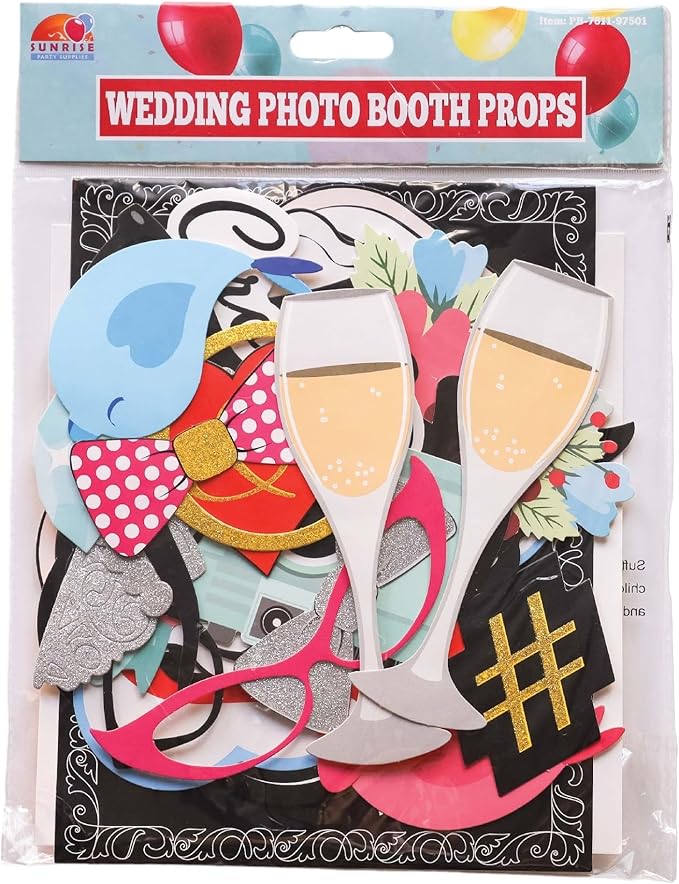 Paper Wedding Photobooth Props, 30 Pieces with Real Glitter and 8x10 Sign