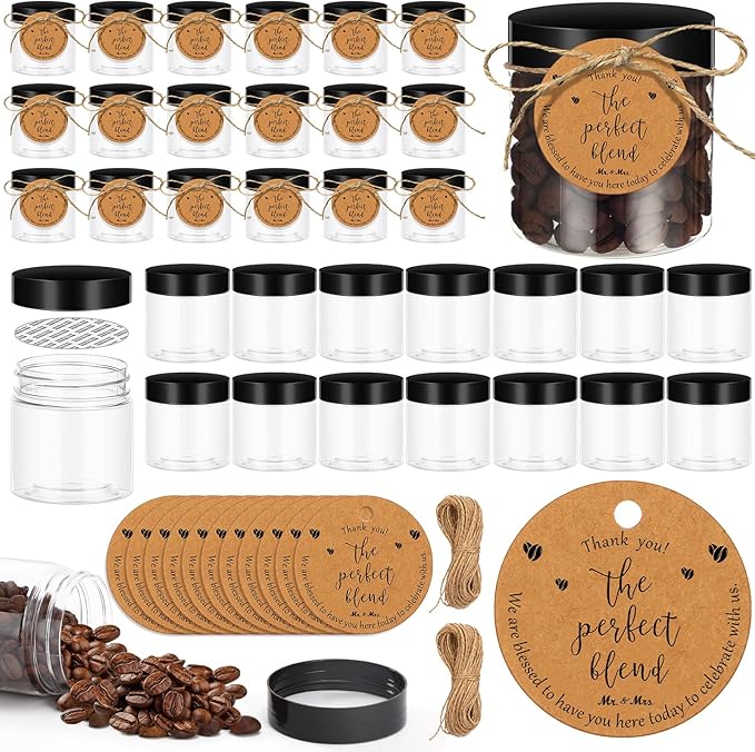 Coffee Bean Decorative Bottles, 50 Clear Plastic Jars with Lids and Cards