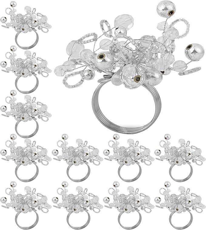 Decorative Napkin Ring Set of 12 - Handmade Glass Beads Napkin Holders for Table Setting Elegant Dining Accessory Round Heavy Duty Metal Frame Wedding & Party Table Décor (Silver) - CLEENTABLE