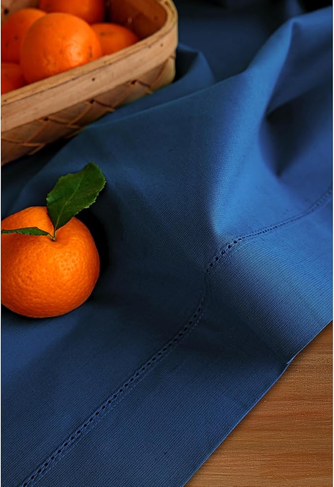 Solino Home Table Runner 120 Inches Long - Cotton Linen Hemstitch Lapis Blue Table Runner 14 x 120 Inch for Fall, Autumn