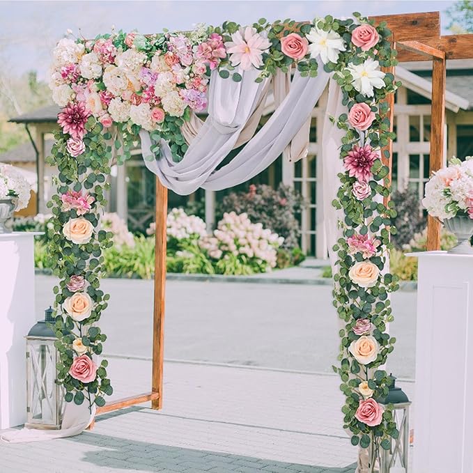 Waipfaru 8.85Ft Flower Garland, Eucalyptus Greenery Garland with Flowers, Pink Rose Floral Vines for Wedding Reception Table Mantle Room Spring Summer Decor (Pink)
