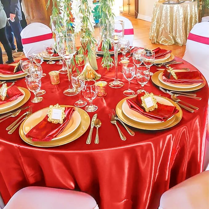 fani 12 Pack 120 Inch Red Satin Tablecloth - Premium Bright Silky Round Tablecloth Overlay Smooth Fabric Table Cover, Table Decoration for Wedding Party Banquet Events Restaurant Kitchen Dining
