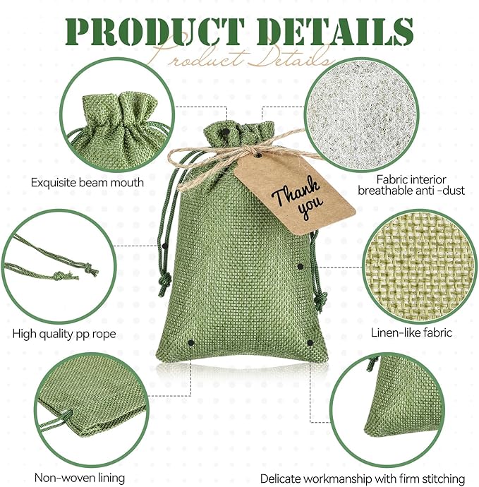 Gift Bags - Army Green Burlap Drawstring Favor Bags, 100 Count