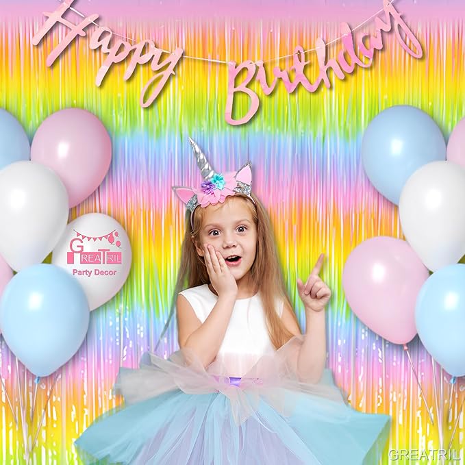 Gradient Pastel Foil Fringe Curtain - GREATRIL Pastel Color Backdrop Streamers for Kids Party/Classroom/Unicorn/Princess/Christmas Party Decorations (2 Pack)