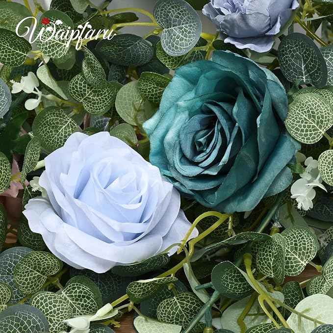Waipfaru 6.07Ft Artificial Eucalyptus Garland With Flowers - Wedding Table Decorations, Floral Rose for Centerpieces, Backdrop Wall Flower Vines, Room Decor (Dusty Blue)