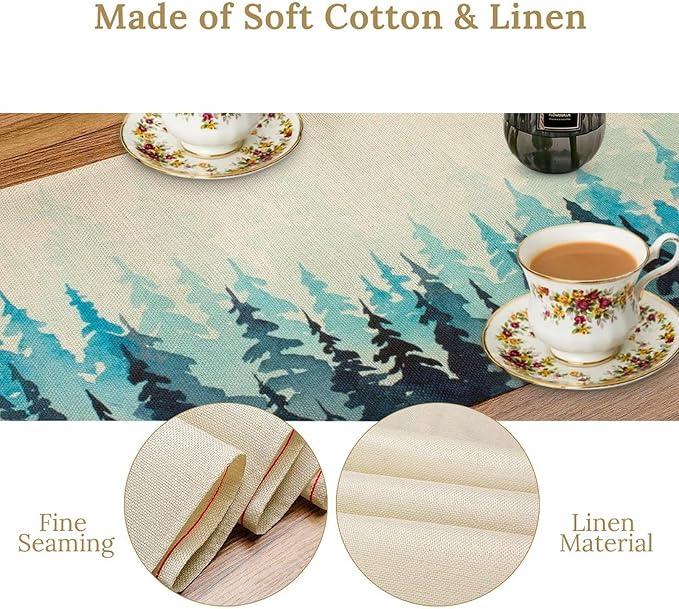 Misty Forest Table Runner,Foggy Blue Forest Landscape Table Runner for Kitchen Dining Table Home Party Decoration 13x60 Inch