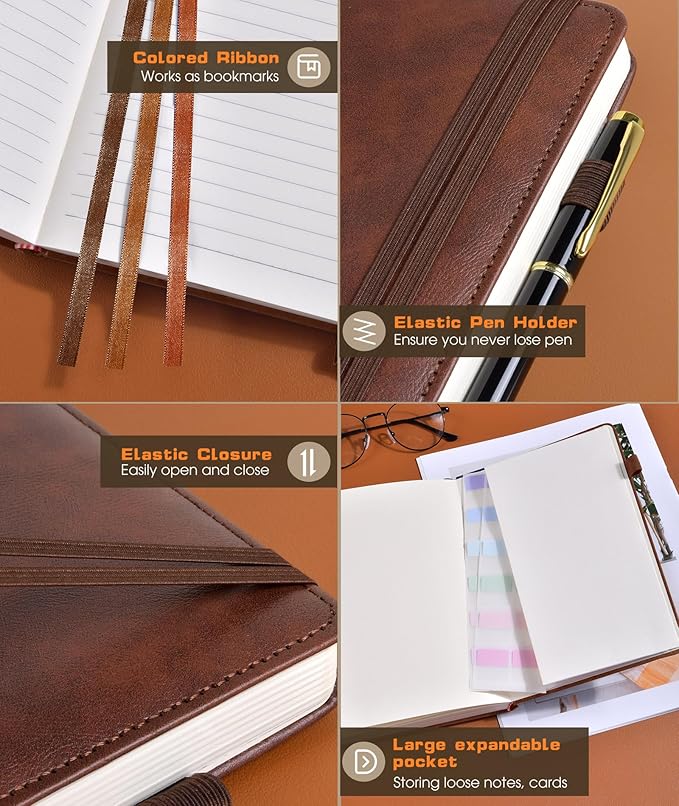 Lined Journal Notebook for Women Men, 256 Numbered Pages Hardcover Leather Journals for Writing, A5 Journaling Notebooks, College Ruled Journal for Business Work School Note Taking 5.75" x 8.38" Brown
