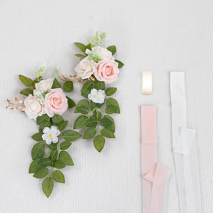 Artificial Pink Rose Wedding Aisle Flowers, 10 Pieces with Chiffon Ribbon