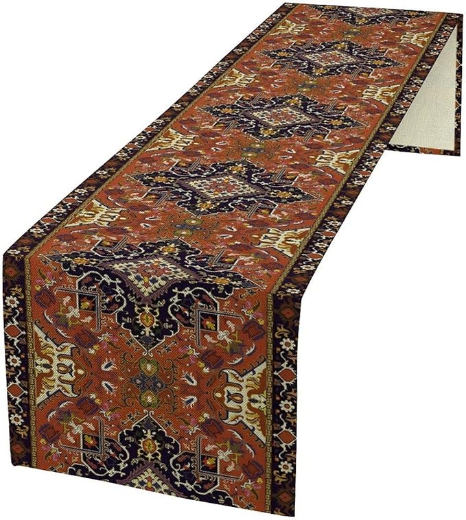 Vintage Boho Orange Table Runner, Country Rustic Farmhouse Magical Abstract Print Pattern for Home Kitchen Table Decor Dining Coffee Room Garden Party Decor 13x108in