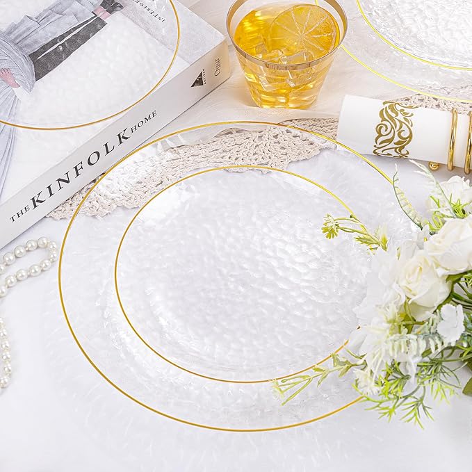 Rubtlamp 175 Pcs Plastic Dinnerware Set (25 Guests), Clear And Gold Plastic Plates, Hammered Party Plates Include Dinner Platos, Dessert Platos, Cups, Gold Cutlery Set And Napkins for Party