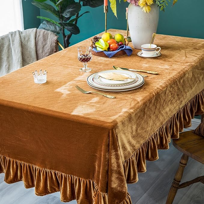 Velvet Tablecloth Luxurious Solid Rectangle Table Cloth,Oblong Retro Farmhouse Ruffle Tablecloths Washable Table Cover for Party Wedding Baby Shower Kitchen Dinning Tabletop Decoration
