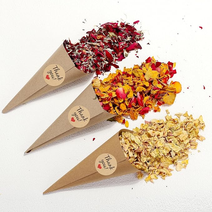PATIKIL Dried Flower Confetti Cones, 30Pcs Paper Tapers Cone Holder with Dried Rose Petal / Sticker for Wedding Party Engagement Birthday DIY Decoration, Red/Yellow