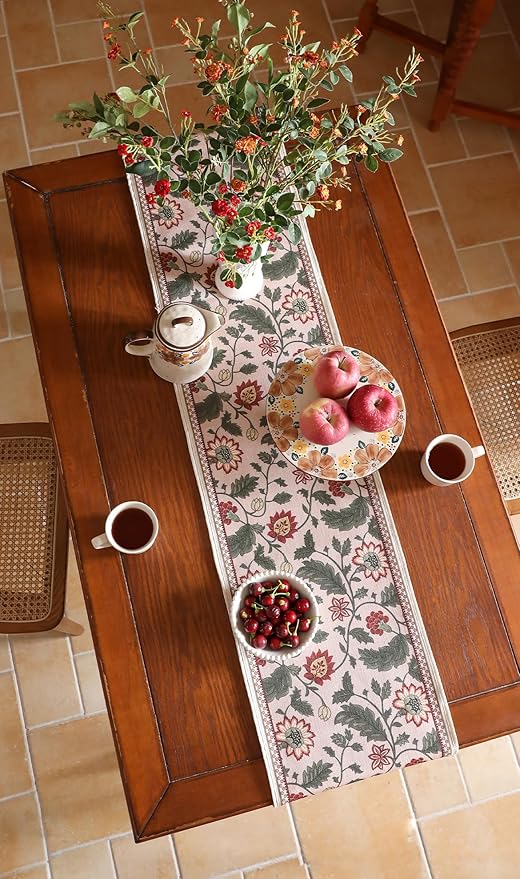 ISAENNE Designer Provence Elegant Linen Extra Long Table Runner 118 Inches,Flower and Leaves Pattern Durable Table Runners for Dining Tables,Thanksgiving,Kitchen Tables,Christmas,12"*118"-Ratina