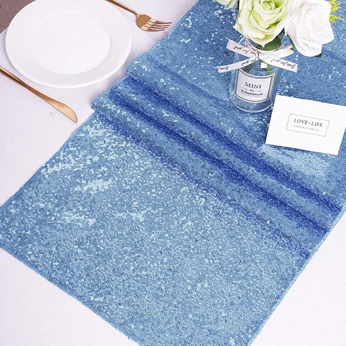 Sequin Table Runners 5 Pieces Baby Blue Table Runners 12x72 Inch Glitter Table Cover for Party Wedding Birthday Reception Banquet Decoration Spring Party Chair Sashes