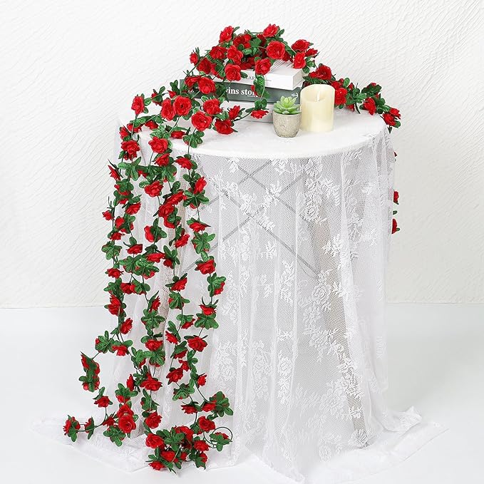 KHOYIME 18 Pack 144 FT Artificial Flower Garland, Fake Red Roses Vines Silk Flowers Faux Plastic Outdoor Hanging Floral Ivy Garland Decoration for Wedding Arch Bedroom Home Wall Backdrop Room Decor