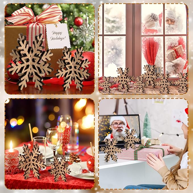 Bucherry 12 Pcs Wooden Snowflake Table Decor 3D Snowflake Tabletop Signs and Centerpiece for Christmas Winter Xmas Party Wonderland Decorations Home (Rustic Color)