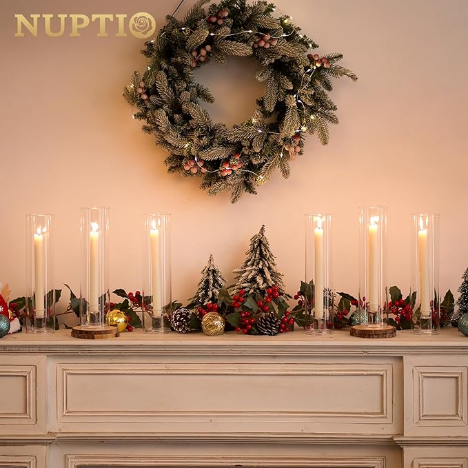 NUPTIO Taper Candle Holders Glass: Set of 10 Hurricane Candlestick Holder Bulk - Candle Stick Stand with Cylinder Sleeves for Thanksgiving Chrstmas Birthday Party Decor