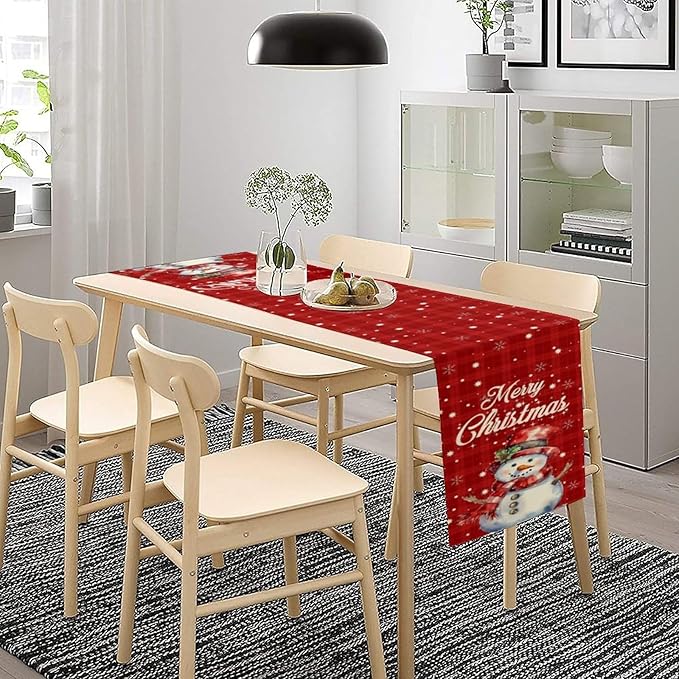 Christmas Table Runner,Christmas Snowman Snowflakes Winter Seasonal Table Cloth Kitchen Dining Table Decoration for Home Party Decor 13x120 Inch