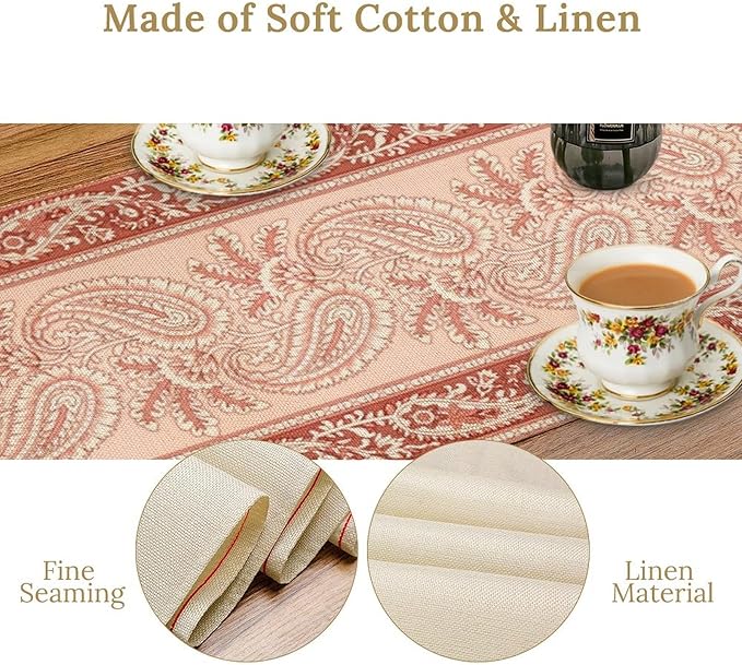 Pink Paisley Table Runner, Abstract Vintage Boho Paisley Flowers Leaves Print Table Runner for Home Kitchen Dining Room Wedding Party Decor, 13x70inch