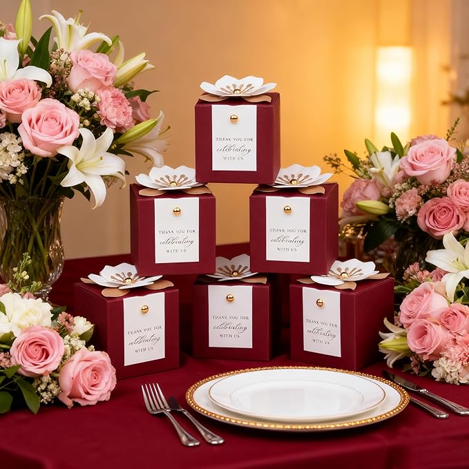 Gift Boxes, 20 Burgundy Favor Boxes with White Floral Decor and Tags