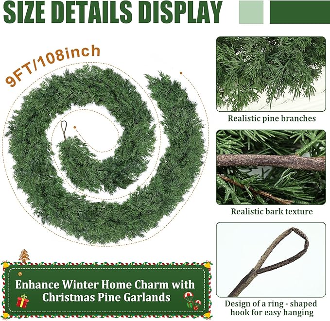 Christmas Garland, 9 ft Green PE Pine with 238 Sprigs