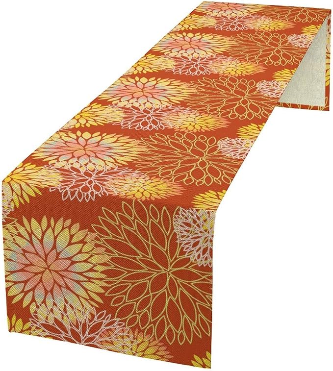 Yellow Floral Table Runner, Chrysanthemum Autumn Spring Summer Vintage Modern Linen Geometric Table Runner for Kitchen Living Room Bedroom Party Holiday, 13x120 Inch