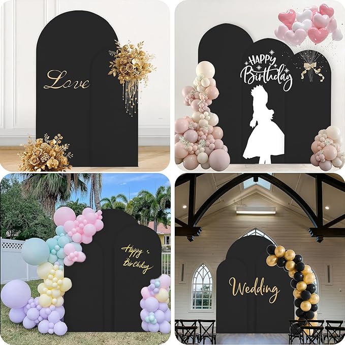 WEERRW Black Arch Backdrop Cover Set of 2 Spandex Fitted Round Top Chiara Backdrop Stand Stretchy Wedding Covering for Event Birthday Party Banquet Decoration (6FT, 7.2FT)