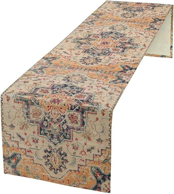 Bohemia Orange Table Runner, Rustic Farmhouse Vintage Geometric Floral Print Table Cover for Home Kitchen Dining Table Party Decor, 13x70inch