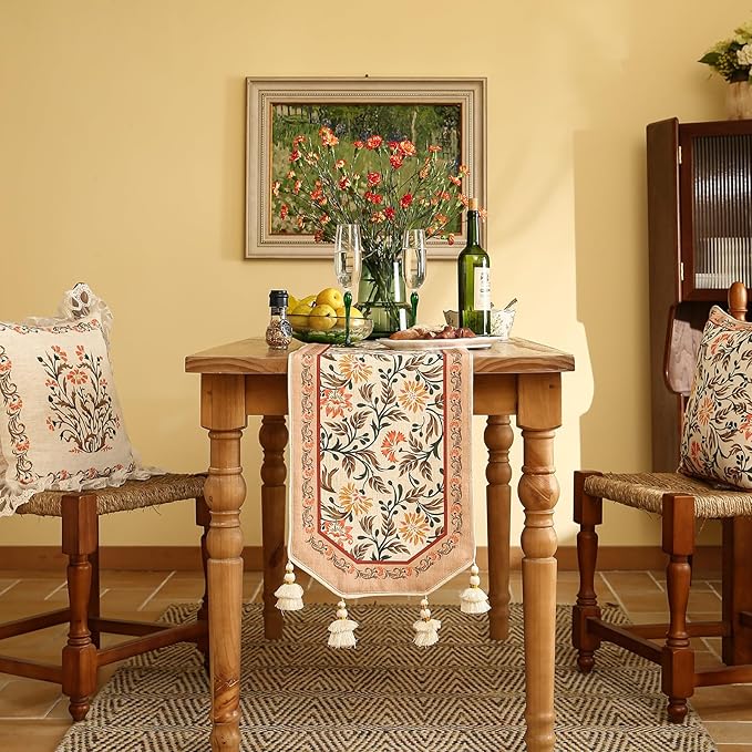 ISAENNE Designer French Elegant Linen Extra Long Table Runner 118 Inches,Farmhouse Lily Pattern Decor Table Runners for Dining Tables,Thanksgiving,Kitchen Tables,Christmas,12"*118"-Aurora A