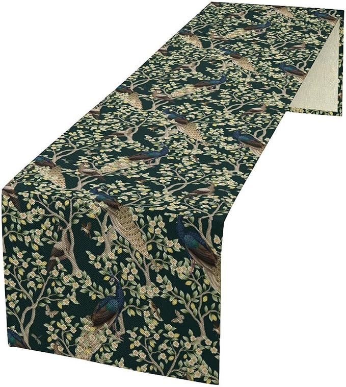 Peacock Table Runner,Retro Floral Plants Peacock Table Runner for Home Kitchen Dining Party Indoor Outdoor Decoration 13x108 Inch