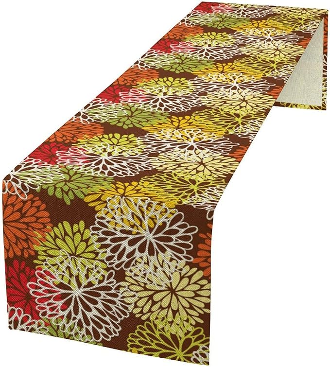 Brown Dahlia Floral Table Runner, Seasonal Autumn Thanksgiving Pattern Print for Home Kitchen Table Decor Dining Coffee Room Party Decor 13x60 Inch
