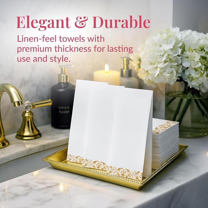 Disposable Napkins 200 Count, Linen-Feel 2-Ply, White and Gold Floral
