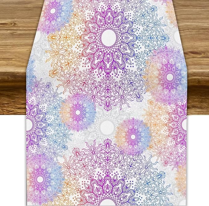 Oriental Mandala Table Runner, Traditional Bohemian Gradiently Purple Pink Blue Mandala Flower Table Runner for Farmhouse Cottage Kitchen Dining Table Decor, 13x60inch